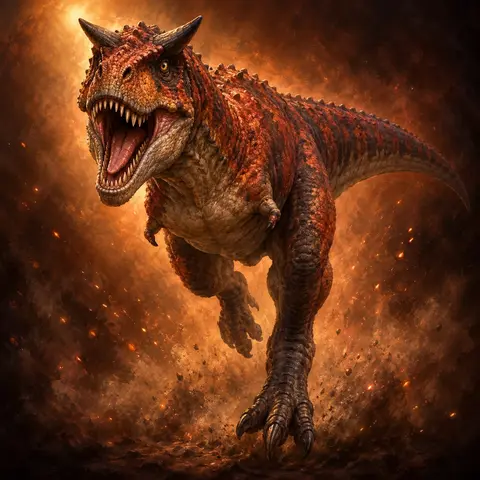 Hücuma kalkan bir Carnotaurus dinozorunun çizim kart resmi